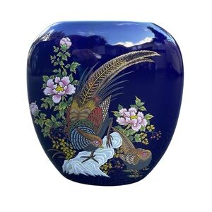 Vintage Kutani Made in Japan Cobalt Blue Flat Oval Vase Floral Pheasants